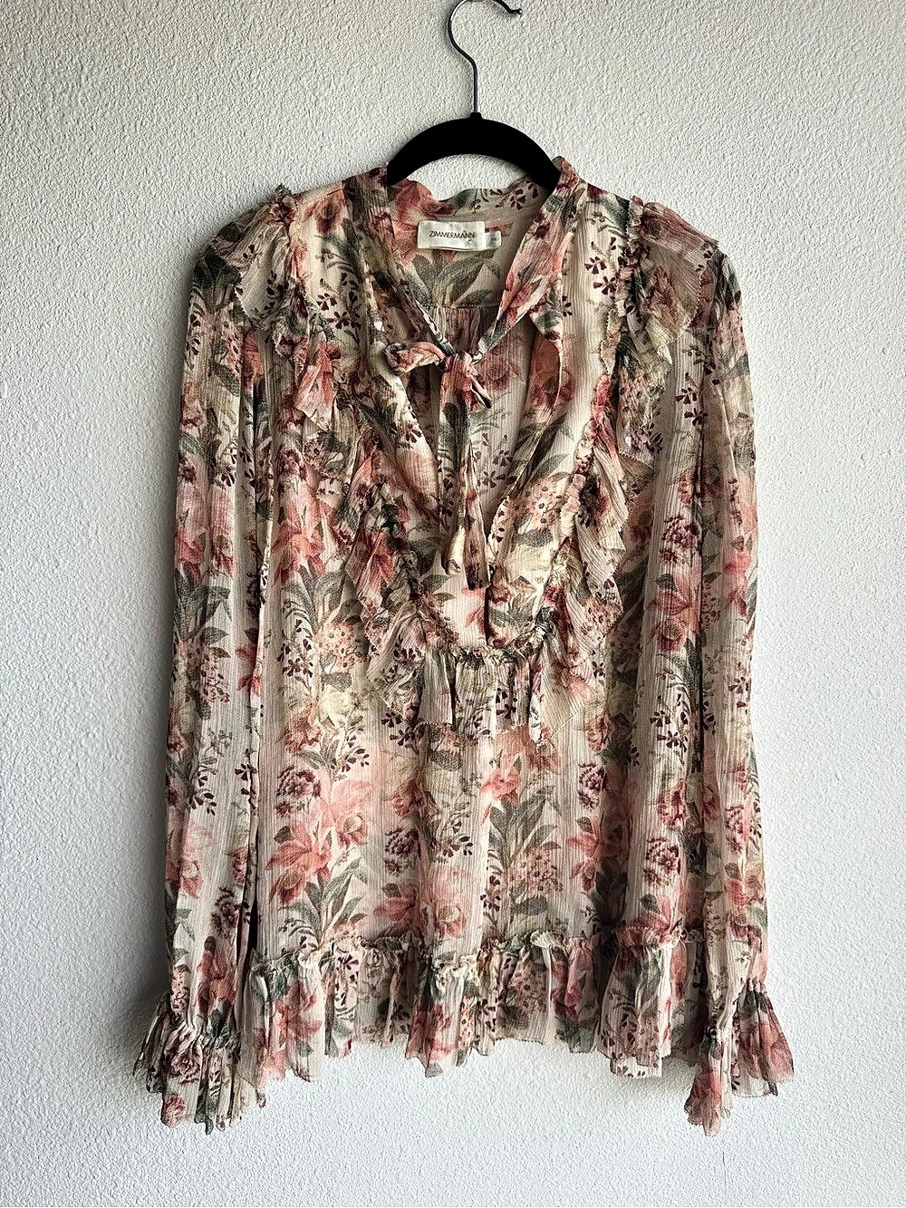 Zimmermann silk Tie Neck Ruffle Blouse Pink & Green Size M